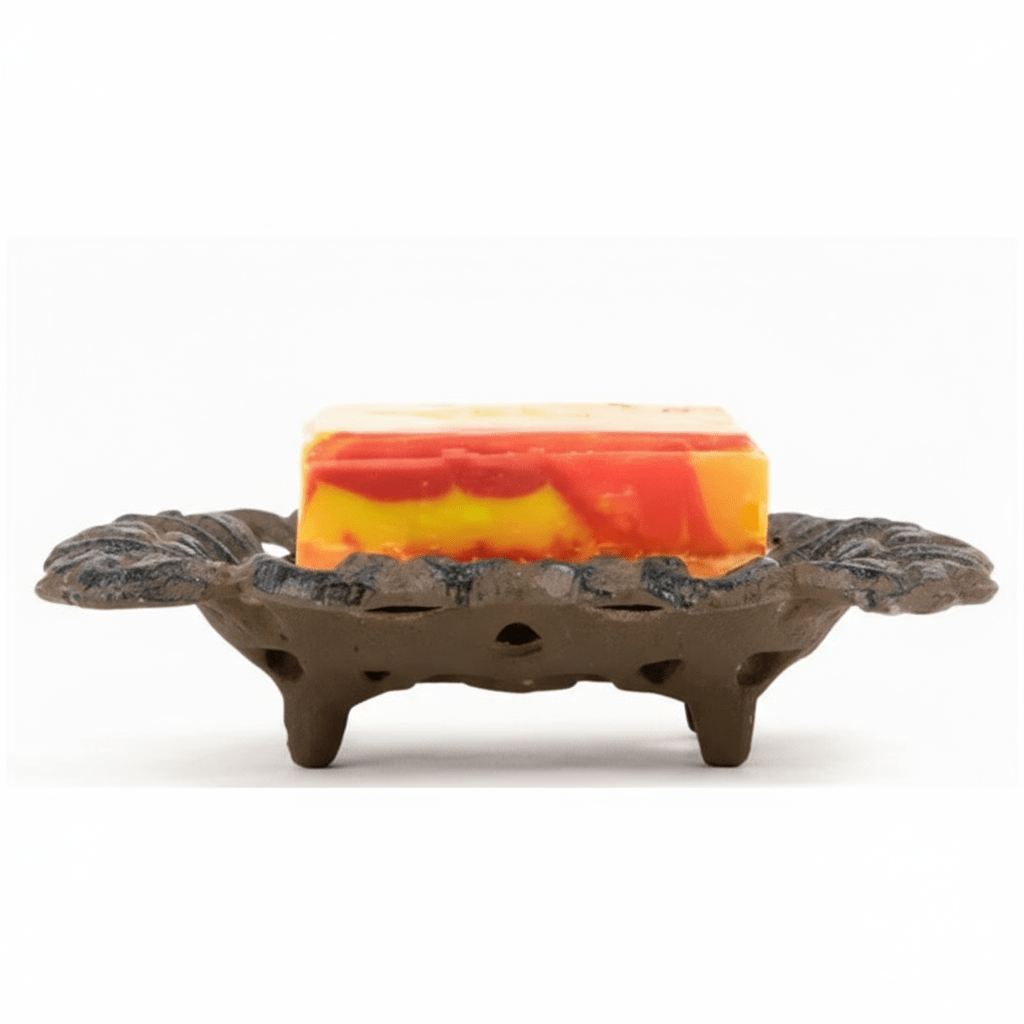 Wrought iron soap dish; durable, hand-forged bathroom accessory designed to keep soap dry and extend its life, adding rustic charm and functional style to any countertop or shower.
