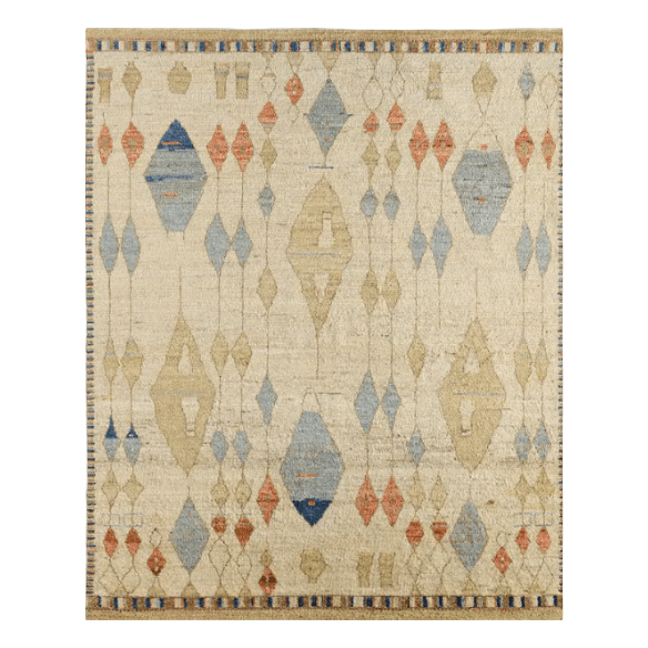Zaira Tonnara hand-knotted 100% wool rug featuring a modern Moroccan geometric diamond pattern; artisan-crafted area rug offering luxurious texture and timeless design for living spaces.